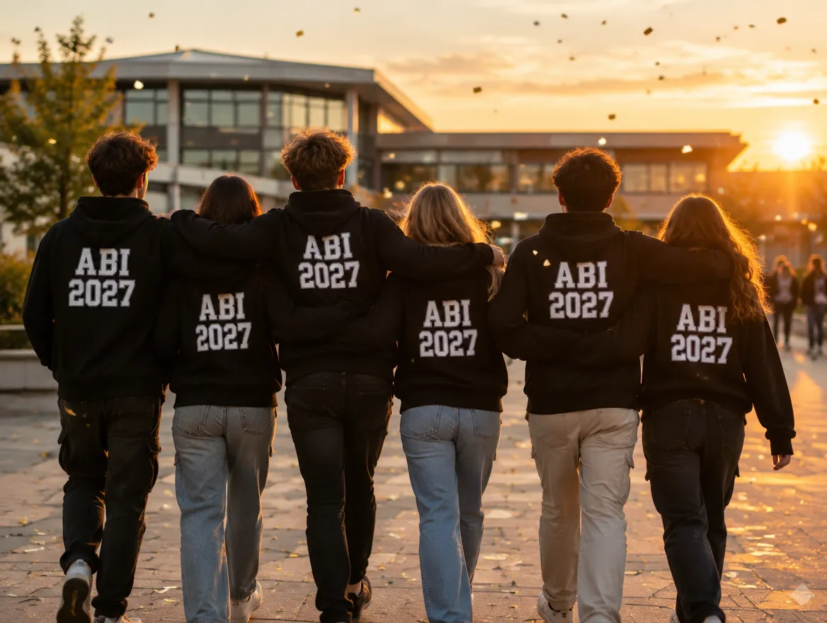 Abschlussjahrgang von hinten in schwarzen Abi-2027-Hoodies auf dem Schulhof bei Sonnenuntergang