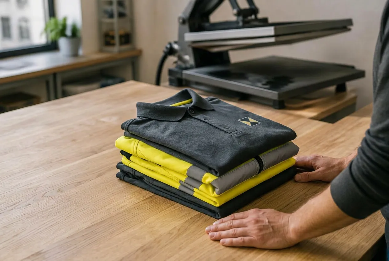 Gefaltete Arbeitskleidung mit frisch gedrucktem Firmenlogo auf dem Werkstatttisch