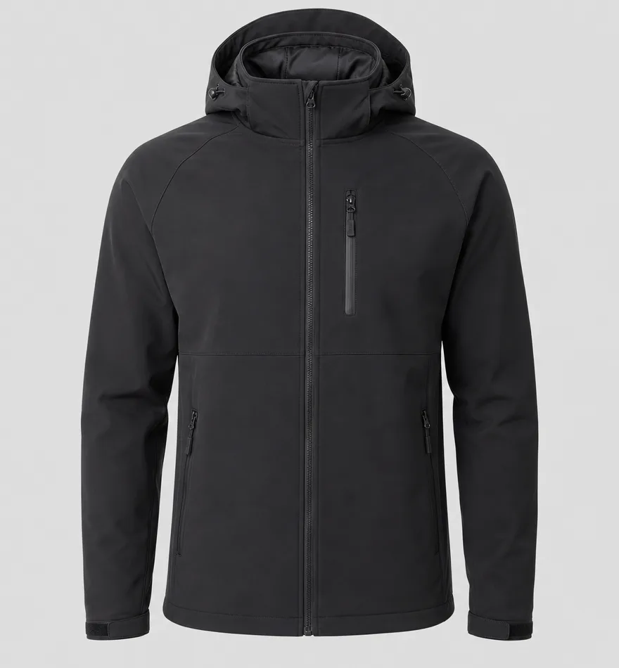 Schwarze 3-Lagen-Softshelljacke mit Kapuze, Frontansicht