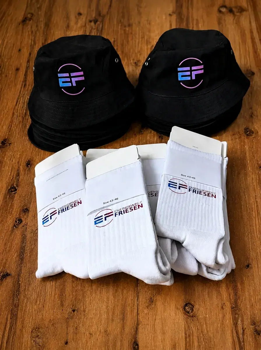 Bedruckte Bucket Hats und Socken als Team-Ausstattung