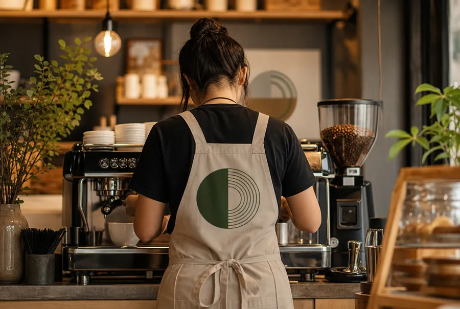Barista von hinten mit bedruckter Schürze an der Espressomaschine