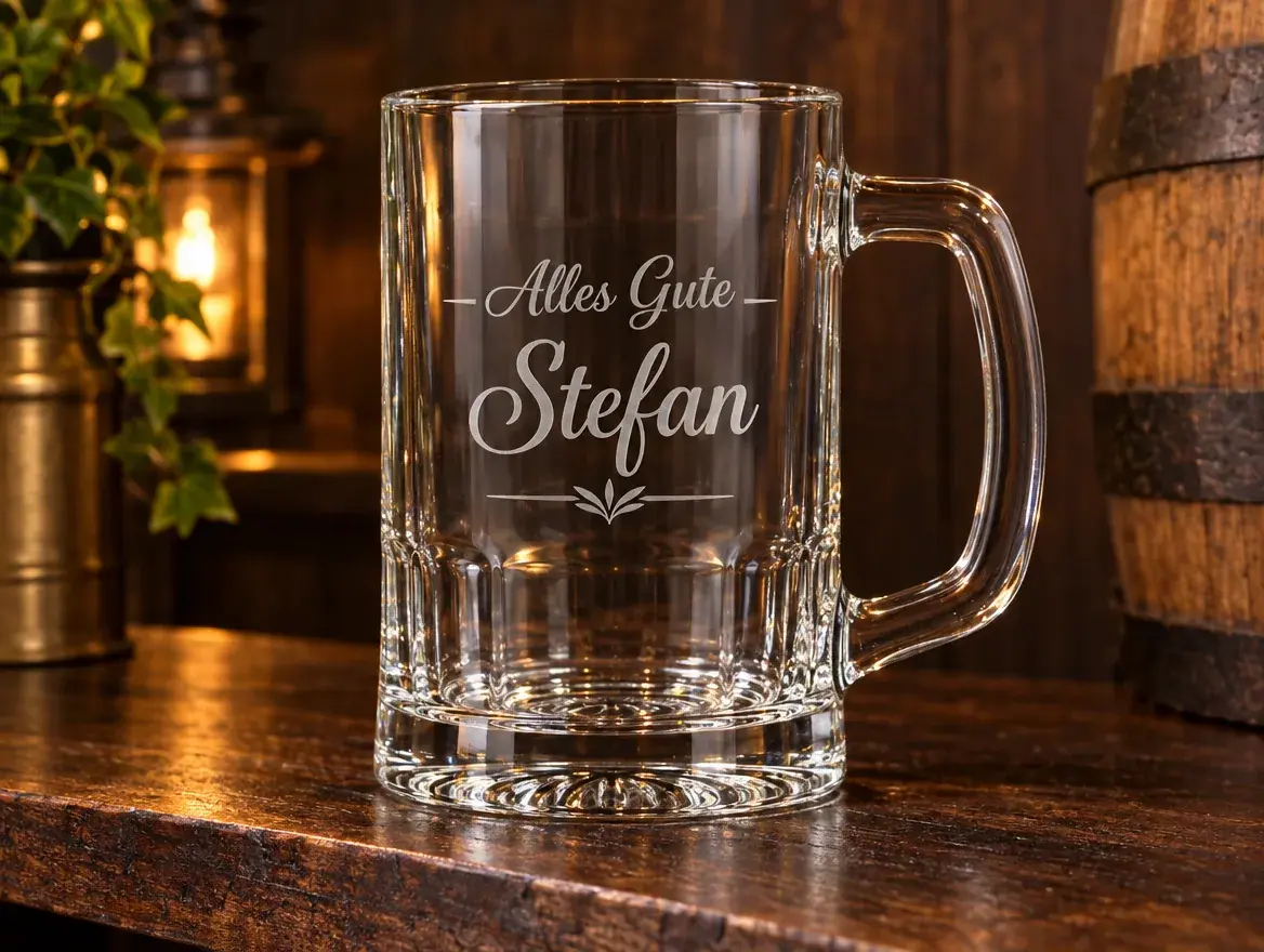 Glas-Bierkrug mit gravierter Widmung Alles Gute Stefan