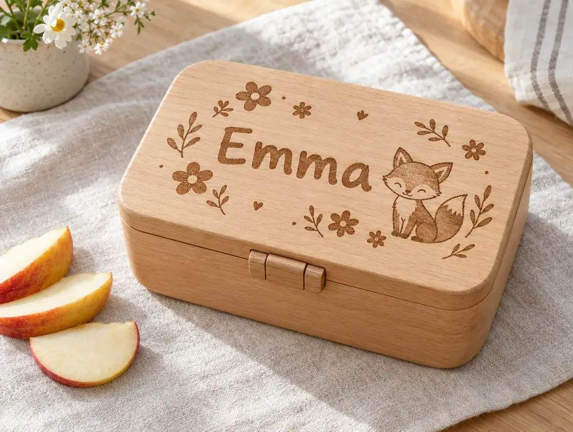 Holz-Brotdose mit gravierten Namen Emma, Blumen und einem kleinen Fuchs