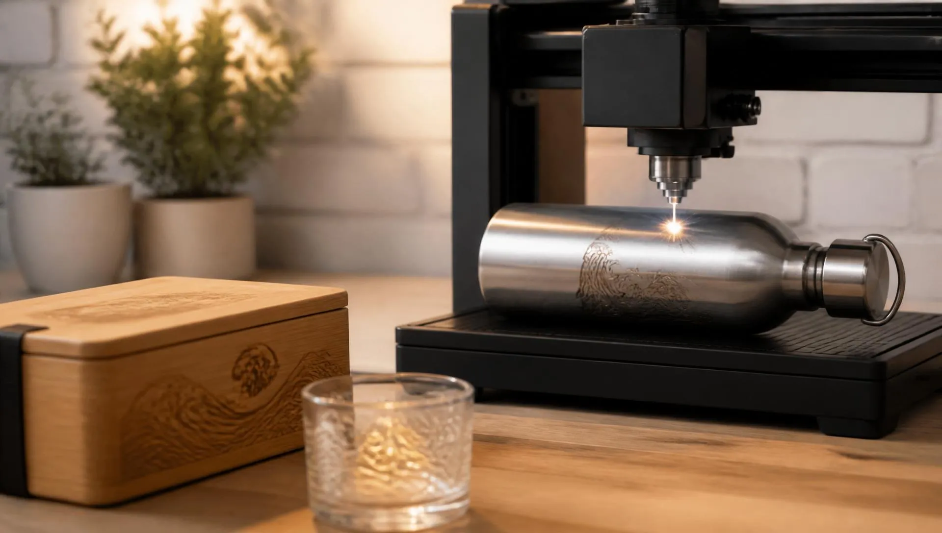 Lasergravur einer Edelstahlflasche in der Graviermaschine