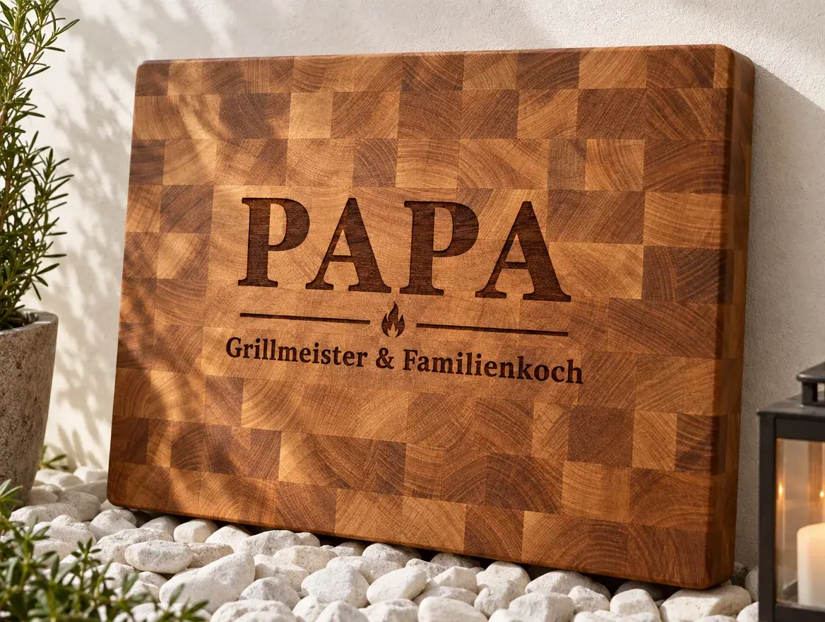 Massives Schneidebrett aus Stirnholz mit Gravur PAPA Grillmeister und Familienkoch