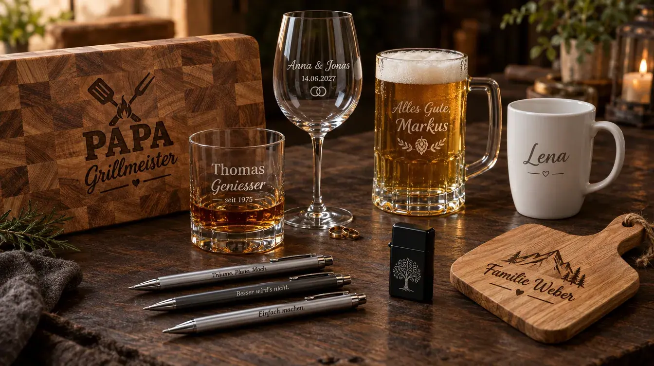 Auswahl gravierter Produkte auf einem Holztisch: Schneidebrett, Whiskyglas, Weinglas, Bierkrug, Kugelschreiber, Feuerzeug, Tasse und Servierbrett mit persönlichen Gravuren