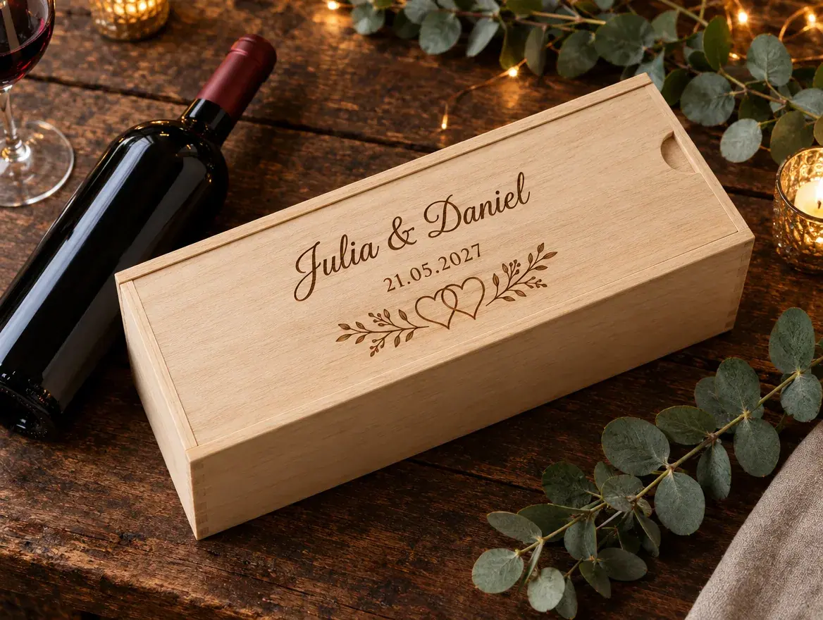 Holz-Weinkiste mit gravierten Namen, Hochzeitsdatum und Herzen, daneben eine Weinflasche