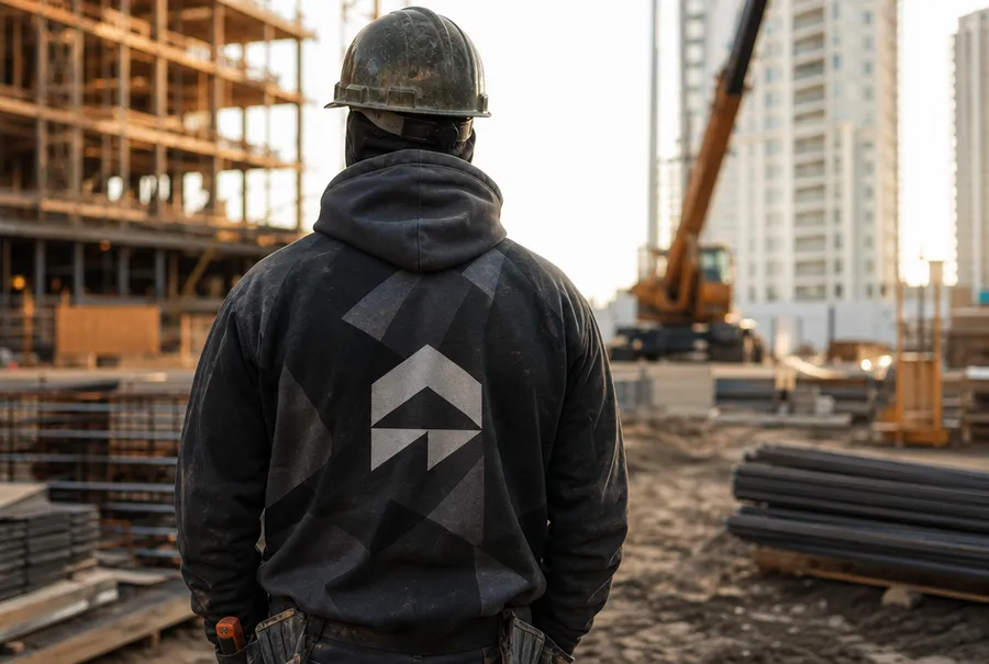 Handwerker von hinten in bedrucktem Arbeits-Hoodie auf der Baustelle