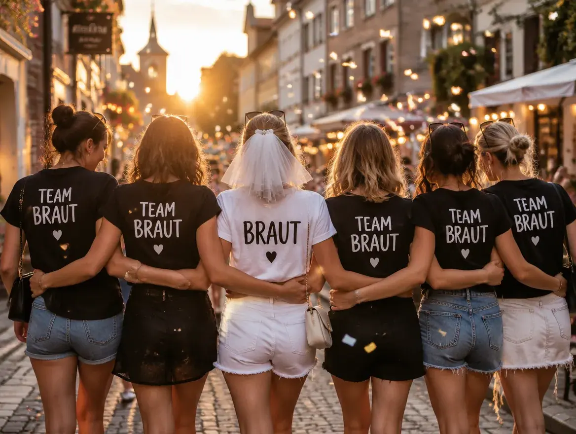 JGA-Gruppe von hinten in bedruckten Team-Braut-Shirts, die Braut in Weiß mit Schleier