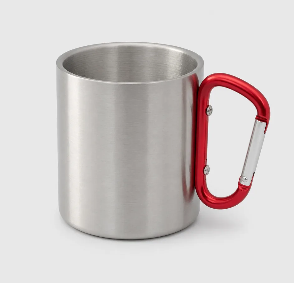 Edelstahltasse mit rotem Karabinergriff