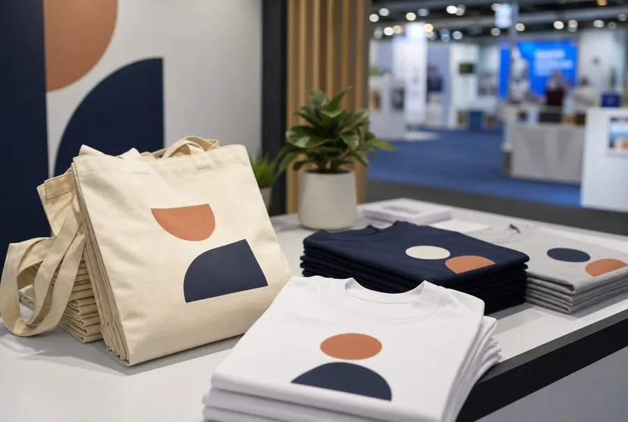 Messestand mit bedruckten Baumwolltaschen und Aktionsshirts
