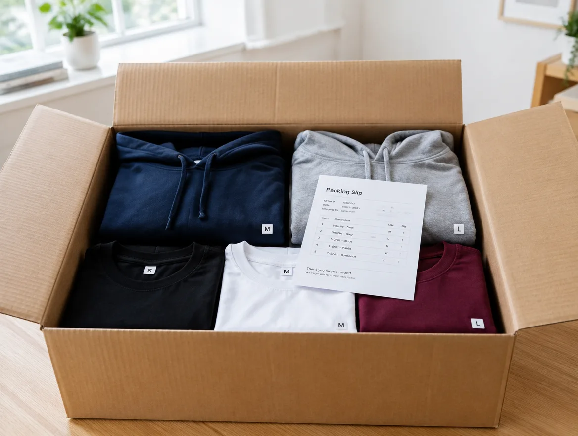 Offener Versandkarton mit gefalteten Hoodies und T-Shirts in verschiedenen Farben und Größen