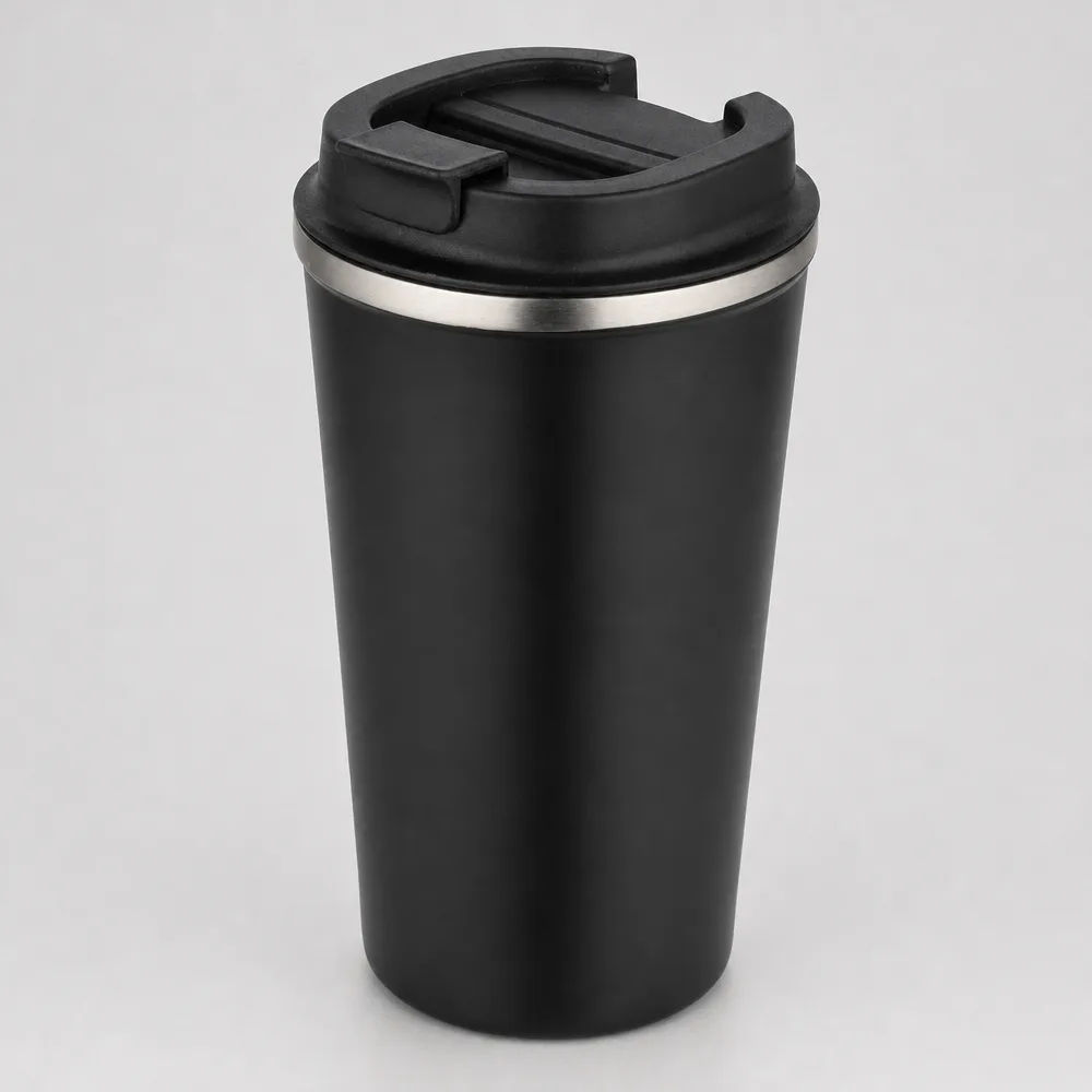 Schwarzer doppelwandiger Edelstahl-Thermobecher mit Klappdeckel