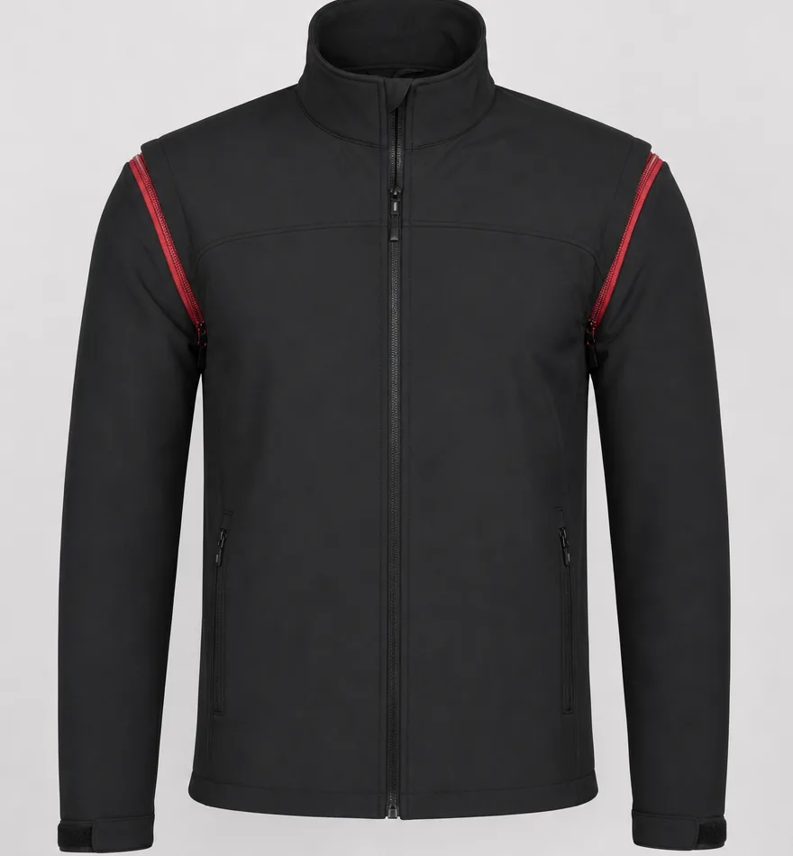 Zip-Off-Softshelljacke mit abzippbaren Ärmeln, schwarz mit roten Reißverschlüssen