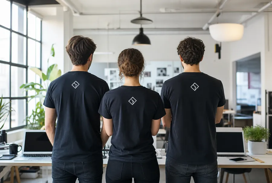 Startup-Team von hinten in einheitlich bedruckten T-Shirts im Büro