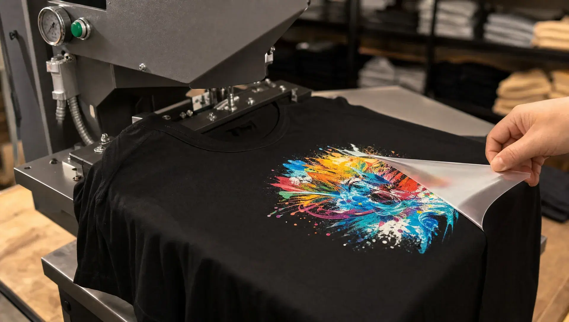 Frisch bedrucktes Shirt auf der Transferpresse in der Werkstatt von Bielefeld Druck