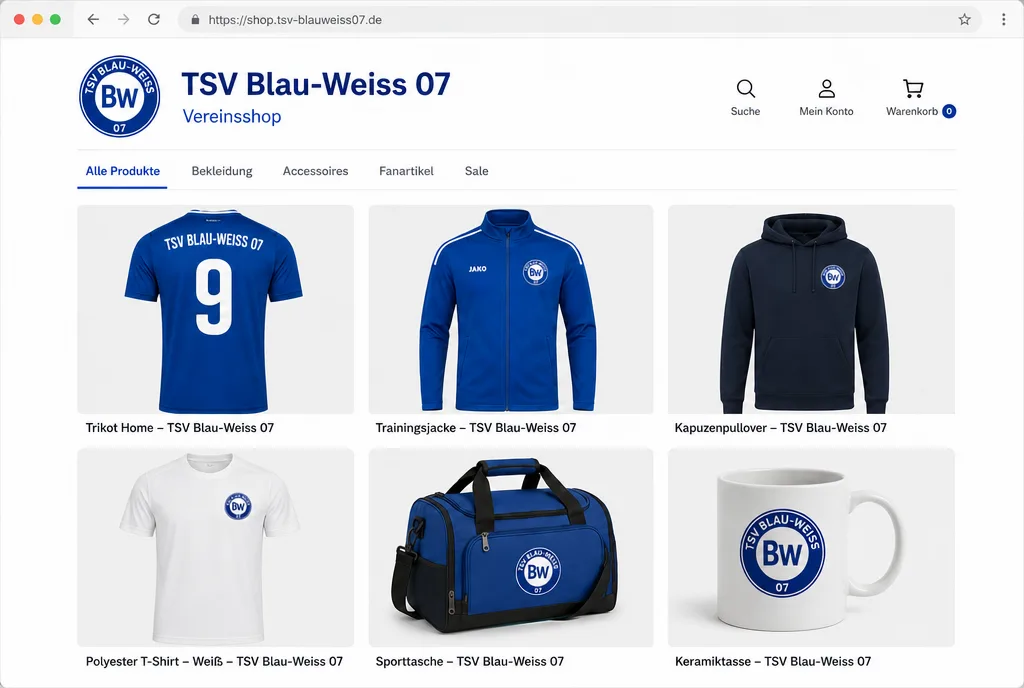 Beispiel eines Bestellbereichs: Online-Shop mit Trikot, Trainingsjacke, Hoodie, T-Shirt, Sporttasche und Tasse im eigenen Design