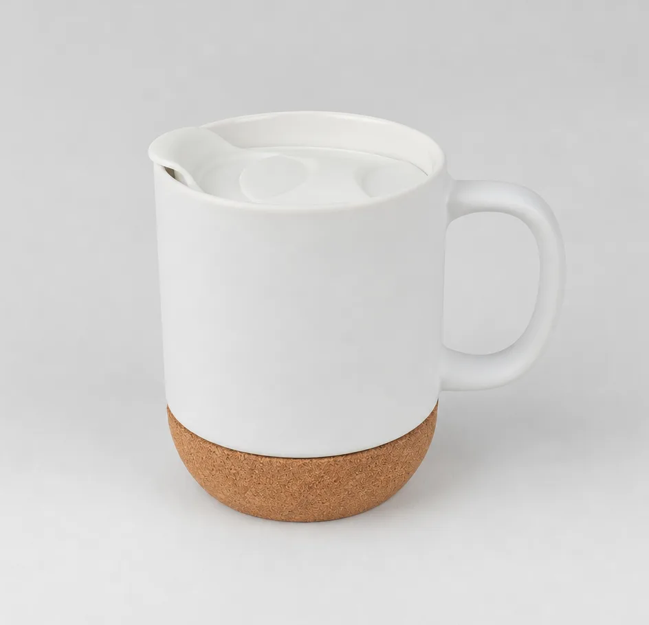 Weiße Keramiktasse mit abnehmbarem Korksockel und Deckel